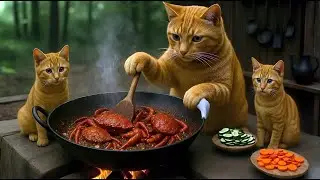 Cat Cooking Spicy Crab Fry 🦀| Mama Cat Catches Live Crabs | Cute Cat & Kittens Eating #catvideos