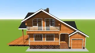 3D floor plan of a wooden house with an mansard and garage
