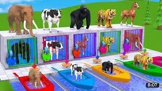 Cartoon Choose The Right Drink With Cow.Gorilla Elephant Dinosaur.Wild Animals Crosing Fountain Game