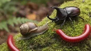Millipede, Snail & Rhino Beetle Coexistence! Rare Wildlife Footage #millipede  #MillipedeEncounter