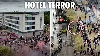 Drone footage shows terrifying scale of migrant hotel riot as mob tries to storm building