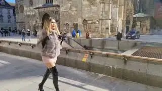 Granate Styling, walking in public, #Vienna city centre, miniskirt, thigh high boots, high heels