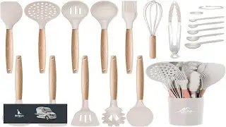 MIBOTE Silicone Cooking Kitchen Utensils Set with Holder Wooden Handles BPA Free