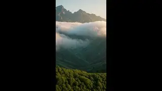A tranquil valley wrapped in morning mist, with towering mountains standing majestically in the back