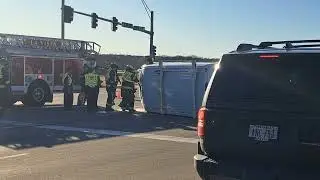 Fire department cut the windshield out to get the driver out of an overturned van! Minor injuries. 