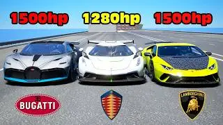 1500HP Bugatti Divo vs Koenigsegg Jesko vs Lamborghini Huracan DRAG RACE