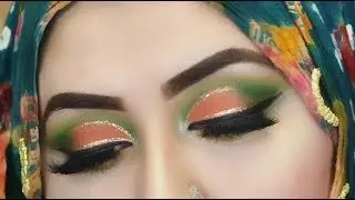 Green and Orange Cut Crease Tutorial with Glamorous Face Makeup (Urdu/Hindi)