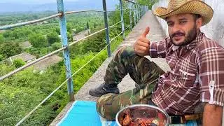 chicken kebab next to an old reservoir on the mountain#cooking #food #nature