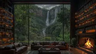 10 Hours of Jungle Library Ambience | Fire Pit & Waterfall Sounds for Deep Sleep and Relaxation