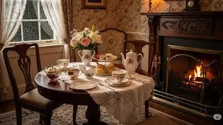 4 Hours of Victorian Tea Parlor Ambience with Rain & Fireplace Sounds | Cozy Historical Background