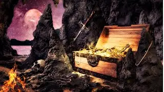 Pirates Treasure Cave Ambience ASMR ☠️ Fire & Treasure Sounds, Cave Dripping, Crickets