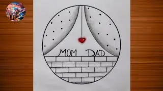 Circle scenery drawing easy || Red heart drawing in circle | mom and dad drawing in circle 