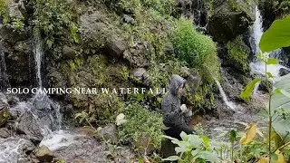 WOMEN CAMPING ALONE - COOKING AND EATING NEAR A WATERFALL - ASMR