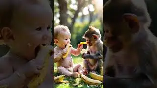 CUTE BABIES AND MONKEY EATING BANANA TOGETHER #babycute