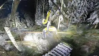 Koivu ja kuusi ensiharvennusta ja toinen kamera kuvaa latvoja. Ponsse Scorpion King H7.
