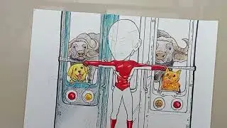 Drawing charicature theme spiderman in the train scene