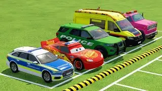 TRANSPORTING DACIA, MCQUEEN CAR, FORD POLICE CAR, AMBULANCE EMERGENCY WITH MAN TRUCKS FS22 #1