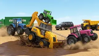 🚜 JCB Rescue Adventure! Tractor and Backhoe Mud Pit Recovery Mission 💥