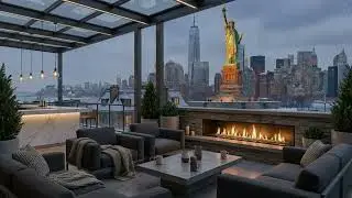 Cozy Winter Jazz in USA ❄️ Balcony Caf&eacute; Ambience & Crackling Fireplace with Smooth Jazz for Focus
