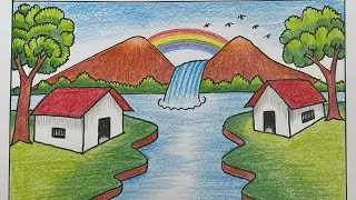How to draw a waterfall scenery drawing with color pencil | Easy Mountain Waterfall Drawing Tutorial
