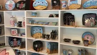 May 2022 view of the showroom at kilborn pottery in Pilar New Mexico