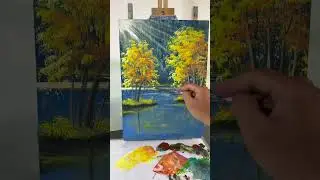 Golden Tree Reflection on River | Mountain Acrylic Painting Process | Relaxing Art Short