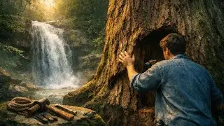 Building a Secret Room Inside a Tree Trunk Over a Waterfall | Silent ASMR