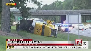 Overturned truck on I-40 west in Cary causes lane closure