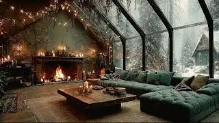Green Velvet and Winter Windows ❄️ Fireplace & Snowfall Ambience