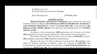 Today Final Result Declared Junior Technician (Electrical) Post code 948 By HPSSC Hamirpur Board Hp