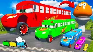 Big & Small Long Lightning McQueen School Bus VS Train - Fat Cars vs Deep Water | BeamNG.drive