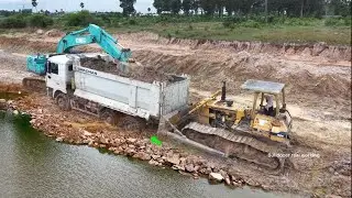 Incredible Landfill Dump Truck 25ton Back Uploading Overturned into pond water Rescue bulldozer KOM&hellip;