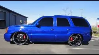 Ridetech Titanium Shocks Installed - Candy Blue Escalade Bagged on 26's Update 7