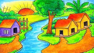 Beautiful Village Scenery Drawing Easy Nature Landscape Drawing for Beginners #Step-by-Step Tutorial