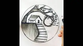 Tree house road scenery drawing 