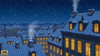 Snowy Rooftop Calm Where A Black Cat Rests Watching Night Glow In Vintage Jazz 1930s Feeling