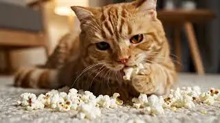 Cute cat eating popcorn 