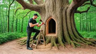 I Spent 14 Days Building a Bushcraft Survival Home Inside a Giant Tree