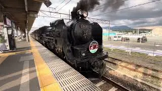 臨時快速SLレトロぐんま水上号(上り高崎行き)が爆音の汽笛を鳴らしてJR上越線渋川駅3番線を発車するシーン(8732レ)蒸気機関車C61形20号機＋旧型客車6両 2025.5.4