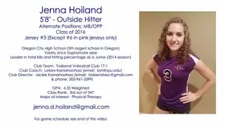 Jenna Hoiland Volleyball Highlights Video - Outside Hitter - High School Class of 2016