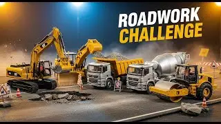 Miniature RC Excavator, Dump Truck, Mixer & Road Roller: Ultimate Roadwork & Repair Challenge!