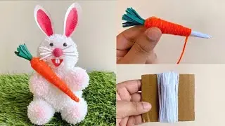 Easy Pom Pom Bunny With Woolen Threads - DIY Easter Bunny Craft - How To Make Yarn Rabbit