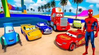 SPIDERMAN MCQUEEN FRIENDS CARS MEGA STUNT RAMP CHALLENGE vs MACK TRUCK RACING - GTA 5