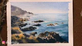 How to Paint Dreamy Rocky Shore and Ocean | Watercolor Seascape Painting Tutorial | Time Lapse