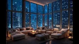 Winter Sunset Ambience ❄️ Warm Fireplace & Snowing City View for Study