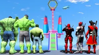 Hulk Army vs Team Deadpool racing Monster Truck Challenge Sea Ramp #3