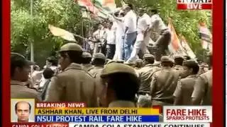 NSUI leaders protest rail fare hike in front of Rail Bhavan, Delhi