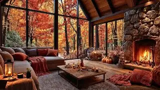 Cozy October Jazz🍁 Smooth Autumn Porch Music & Fireplace Crackles for Stress Reliefs, Relax, Study