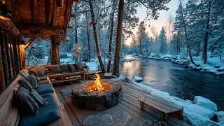 This Quiet Winter Morning Riverside Porch Nature Sounds with Campfire Feels Like a Dream