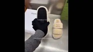 C&eacute;line Triomphe Beige Shearling Fur Slides Available on Wornright.com Authenticated Luxury